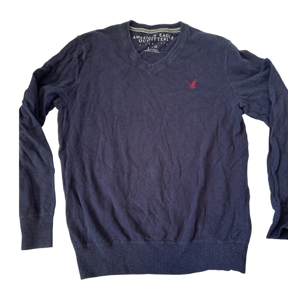 American Eagle Outfitters Mens Navy Blue V Neck Long Sleeve Sweater L Eagle Logo